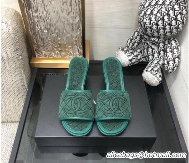 Luxurious Chanel Quilted Towel Fabric Slide Sandals 4cm 021839 Green