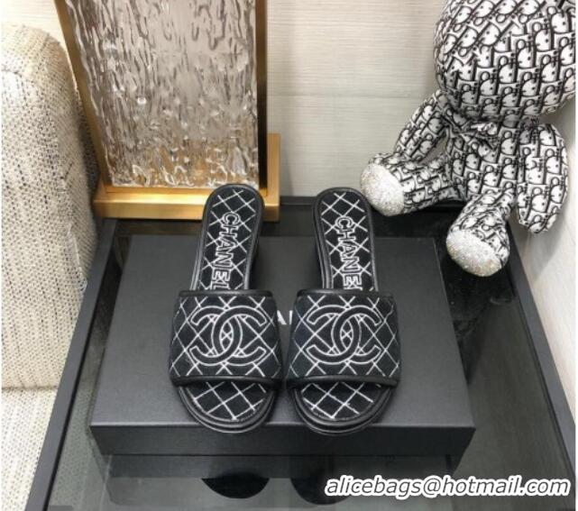 Unique Style Chanel Quilted Towel Fabric Slide Sandals 4cm 021839 Black