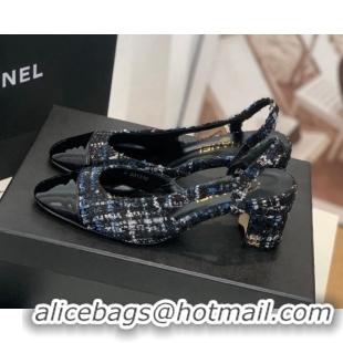 Top Quality Chanel Tweed Slingback Pumps 6.5cm G31318 Black/Blue