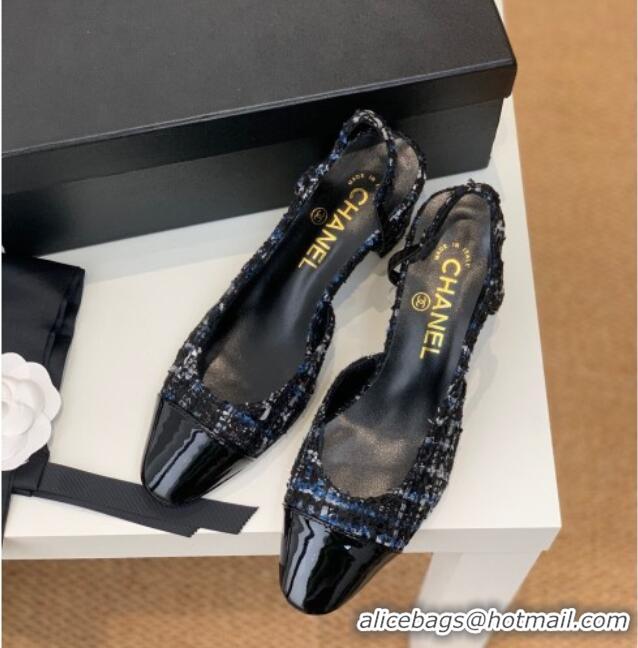 Top Quality Chanel Tweed Slingback Pumps 6.5cm G31318 Black/Blue