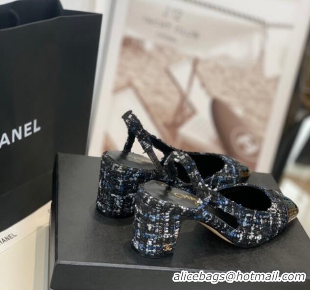 Top Quality Chanel Tweed Slingback Pumps 6.5cm G31318 Black/Blue