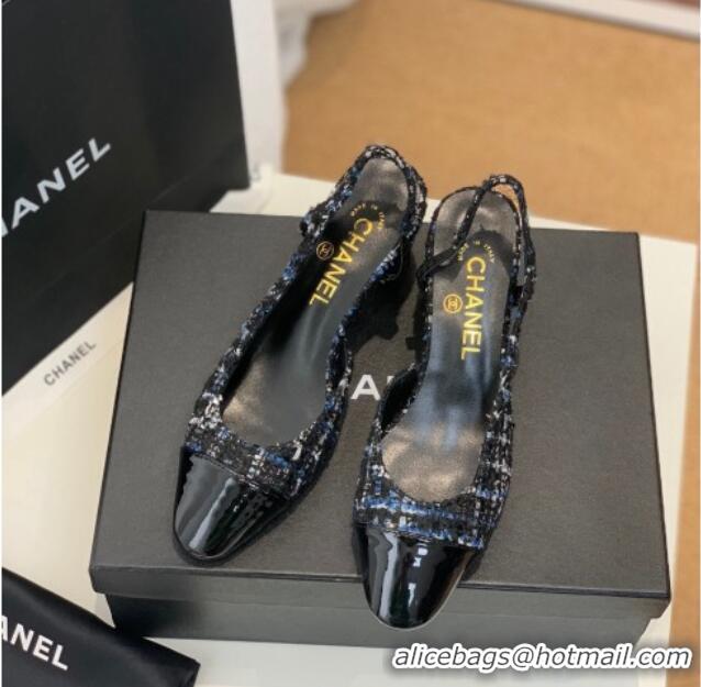 Top Quality Chanel Tweed Slingback Pumps 6.5cm G31318 Black/Blue