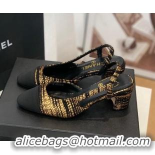 Super Quality Chanel Tweed Slingback Pumps 6.5cm G31318 Black/Gold