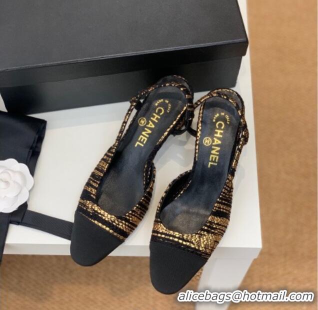 Super Quality Chanel Tweed Slingback Pumps 6.5cm G31318 Black/Gold