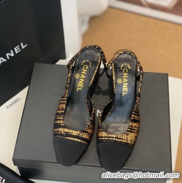 Super Quality Chanel Tweed Slingback Pumps 6.5cm G31318 Black/Gold