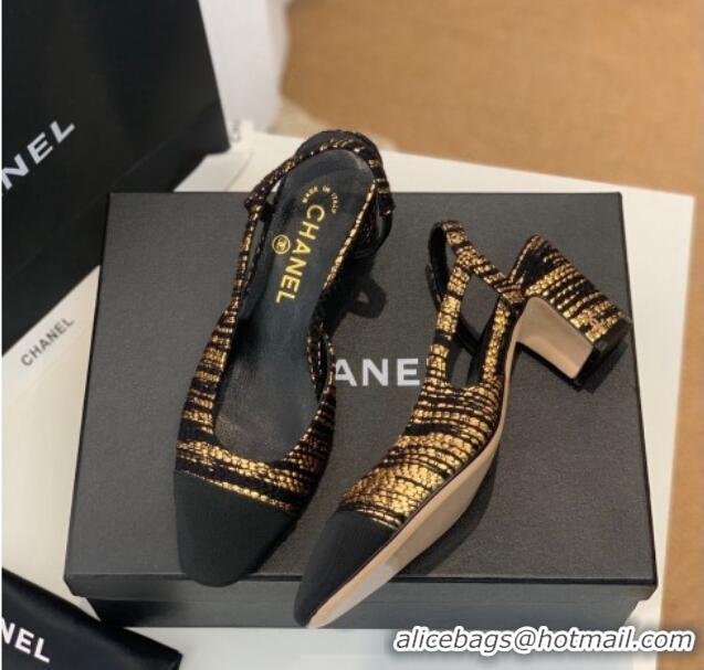 Super Quality Chanel Tweed Slingback Pumps 6.5cm G31318 Black/Gold