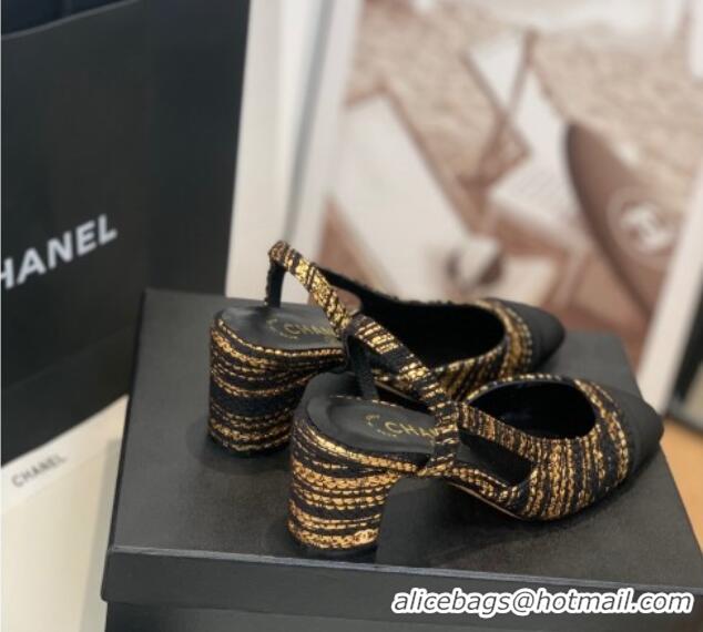 Super Quality Chanel Tweed Slingback Pumps 6.5cm G31318 Black/Gold