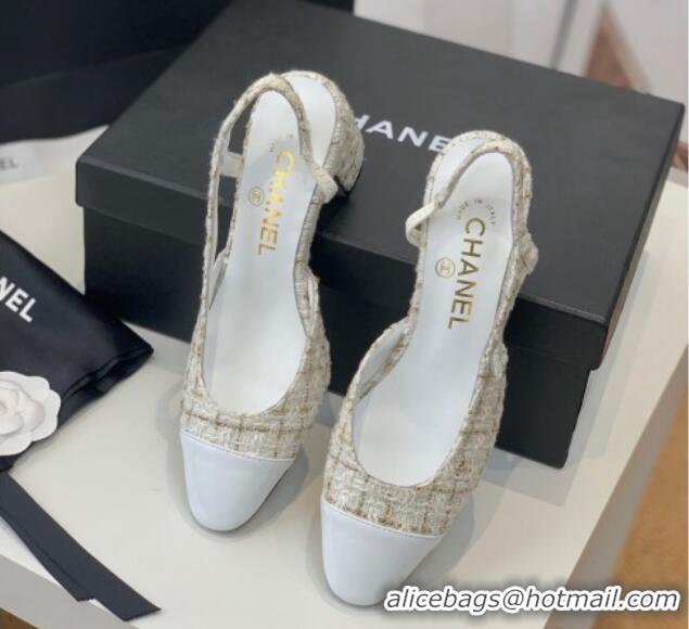 Good Quality Chanel Tweed Slingback Pumps 6.5cm G31318 White