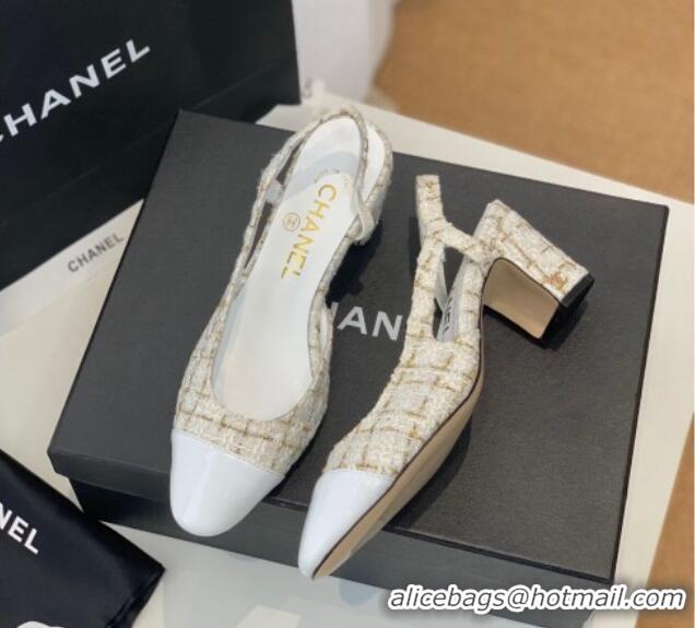 Good Quality Chanel Tweed Slingback Pumps 6.5cm G31318 White