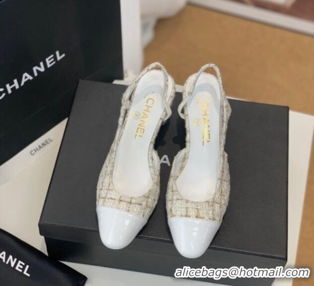 Good Quality Chanel Tweed Slingback Pumps 6.5cm G31318 White