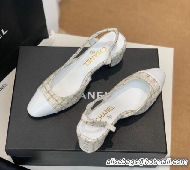 Good Quality Chanel Tweed Slingback Pumps 6.5cm G31318 White