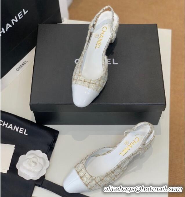 Good Quality Chanel Tweed Slingback Pumps 6.5cm G31318 White