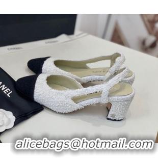 Crafted Chanel Tweed Slingback Pumps 6.5cm G31318 White/Black