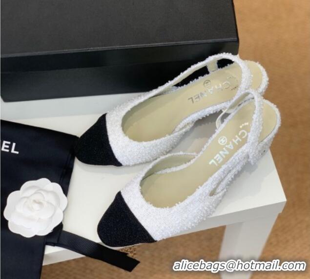 Crafted Chanel Tweed Slingback Pumps 6.5cm G31318 White/Black