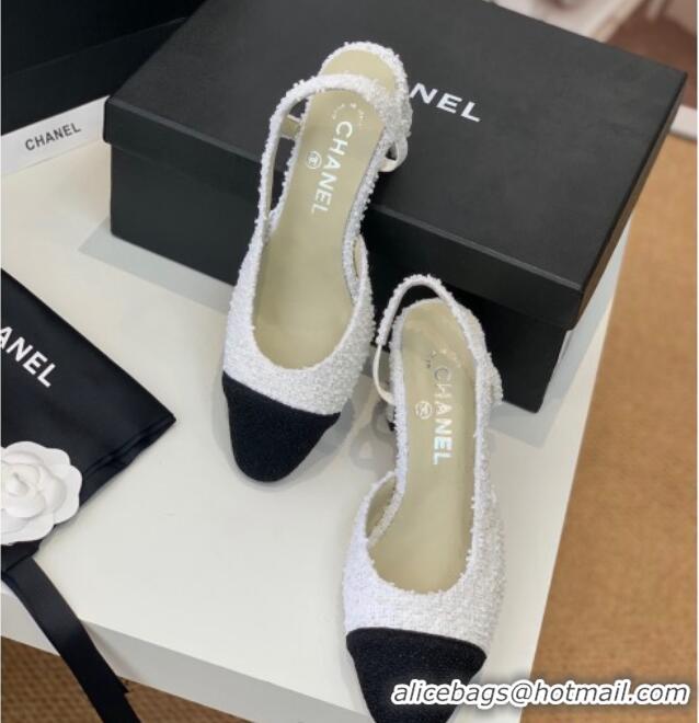 Crafted Chanel Tweed Slingback Pumps 6.5cm G31318 White/Black