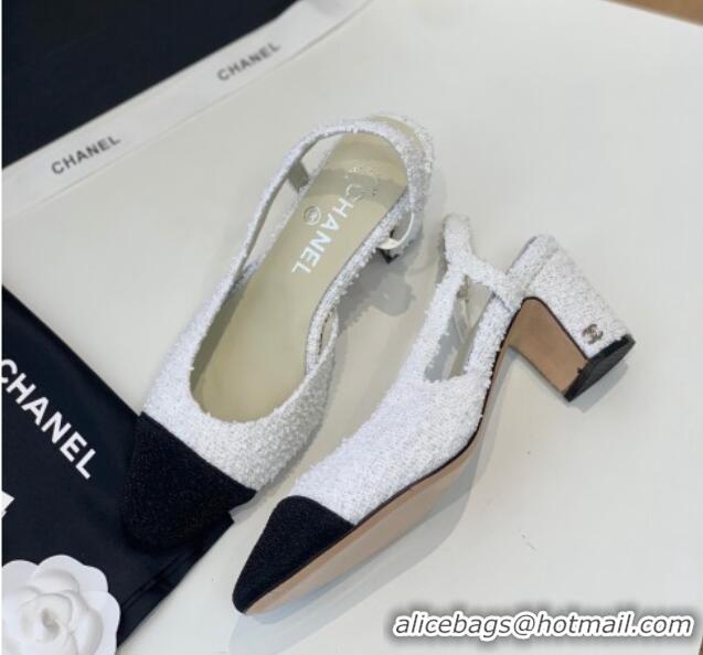 Crafted Chanel Tweed Slingback Pumps 6.5cm G31318 White/Black