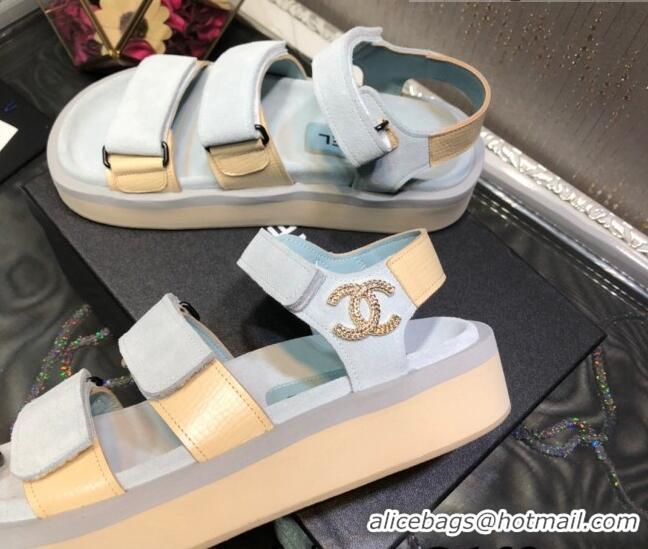 Best Quality Chanel Suede Strap Flat Sandals 030411 Light Gray