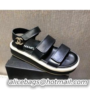 Best Price Chanel Calf Leather Strap Flat Sandals 2030413 Black