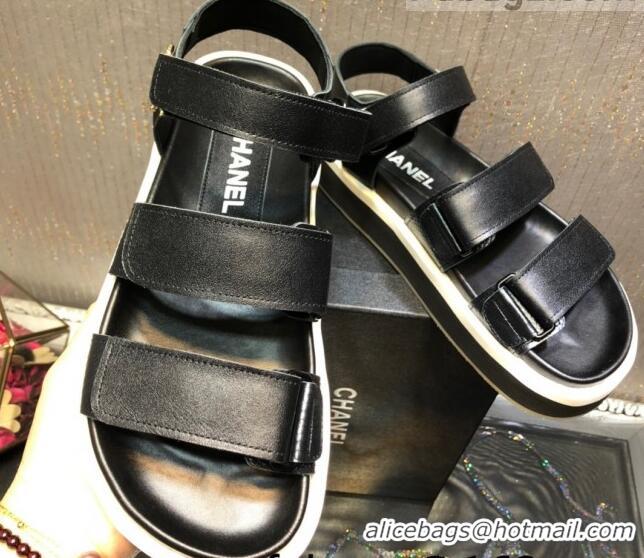 Best Price Chanel Calf Leather Strap Flat Sandals 2030413 Black