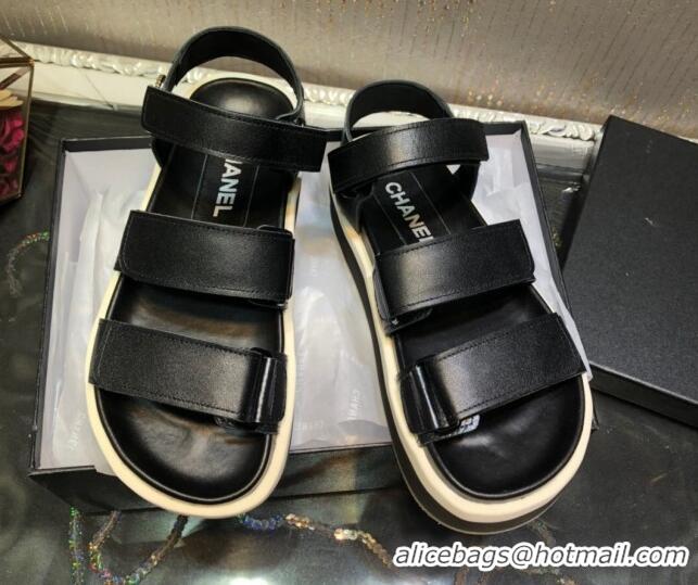 Best Price Chanel Calf Leather Strap Flat Sandals 2030413 Black