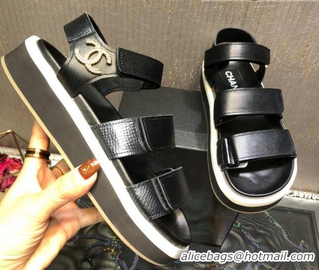 Best Price Chanel Calf Leather Strap Flat Sandals 2030413 Black