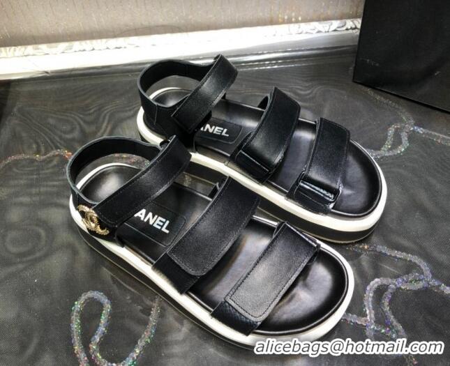 Best Price Chanel Calf Leather Strap Flat Sandals 2030413 Black