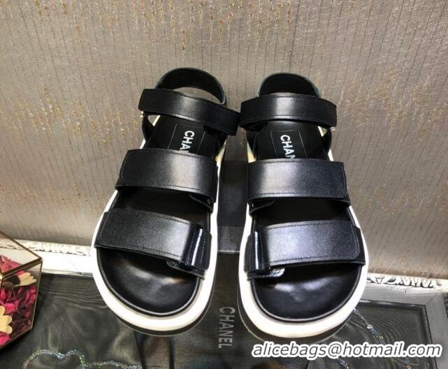 Best Price Chanel Calf Leather Strap Flat Sandals 2030413 Black