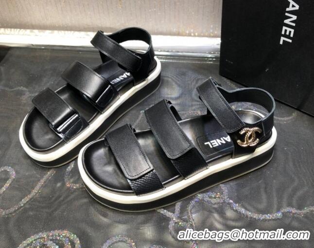 Best Price Chanel Calf Leather Strap Flat Sandals 2030413 Black