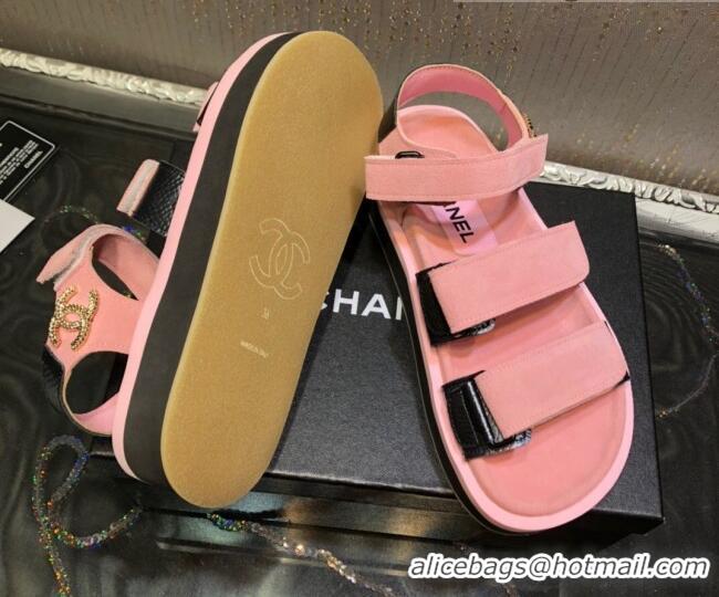 Buy Luxury Chanel Calf Leather Strap Flat Sandals 2030413 Pink