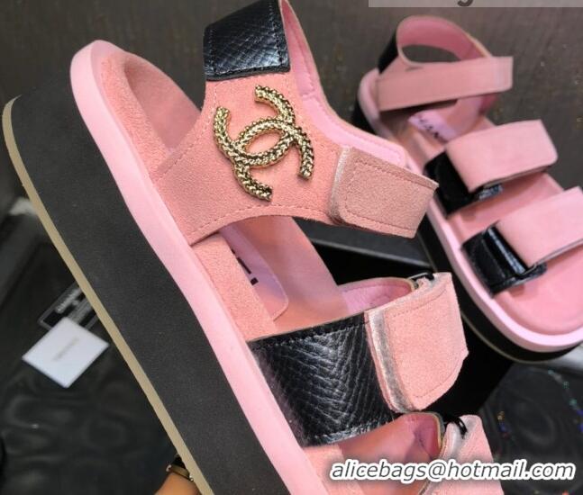 Buy Luxury Chanel Calf Leather Strap Flat Sandals 2030413 Pink