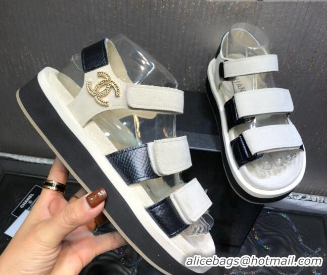 Elegant Chanel Suede Strap Flat Sandals 030415 White