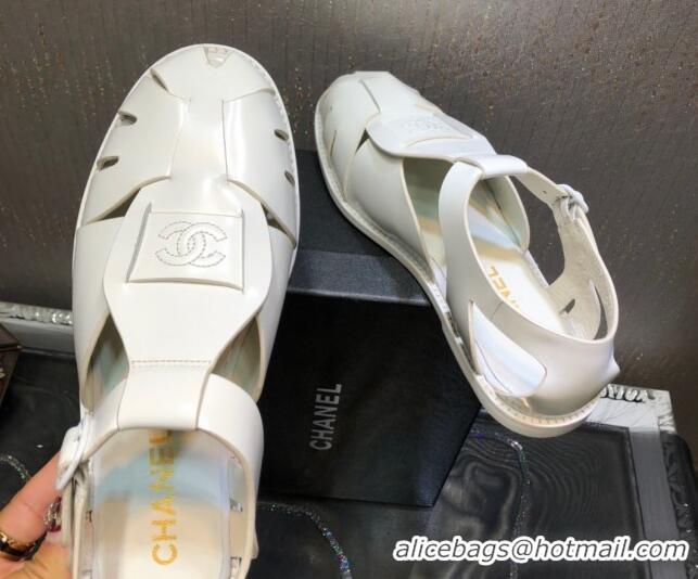 Best Price Chanel Shiny Leather Roman Flat Sandals 030416 White