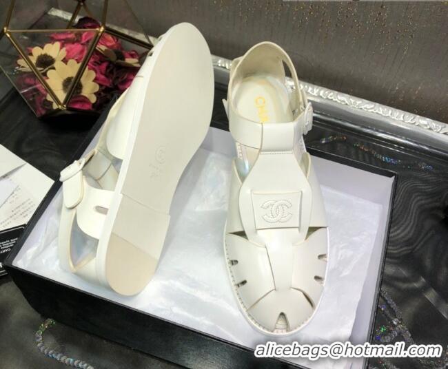 Best Price Chanel Shiny Leather Roman Flat Sandals 030416 White