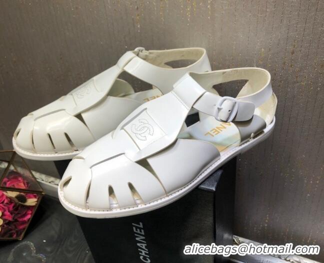 Best Price Chanel Shiny Leather Roman Flat Sandals 030416 White