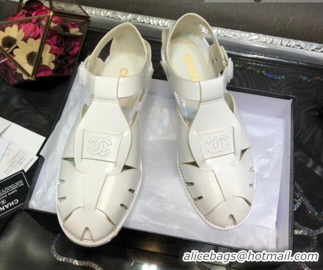 Best Price Chanel Shiny Leather Roman Flat Sandals 030416 White