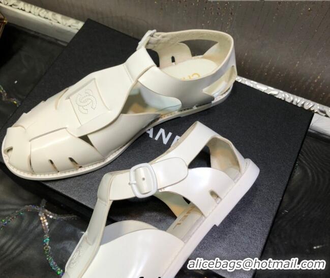 Best Price Chanel Shiny Leather Roman Flat Sandals 030416 White