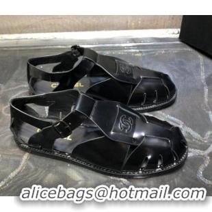 AAAAA Chanel Shiny Leather Roman Flat Sandals 030416 Black