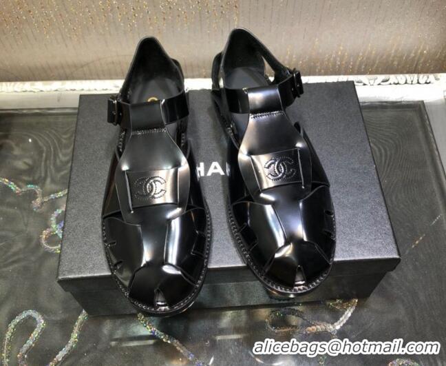 AAAAA Chanel Shiny Leather Roman Flat Sandals 030416 Black