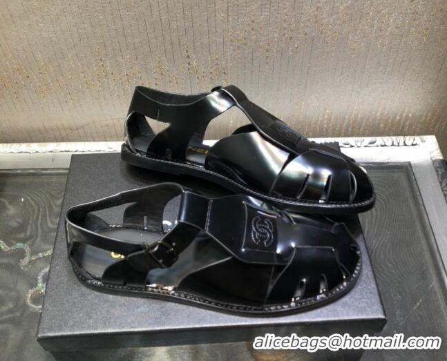 AAAAA Chanel Shiny Leather Roman Flat Sandals 030416 Black