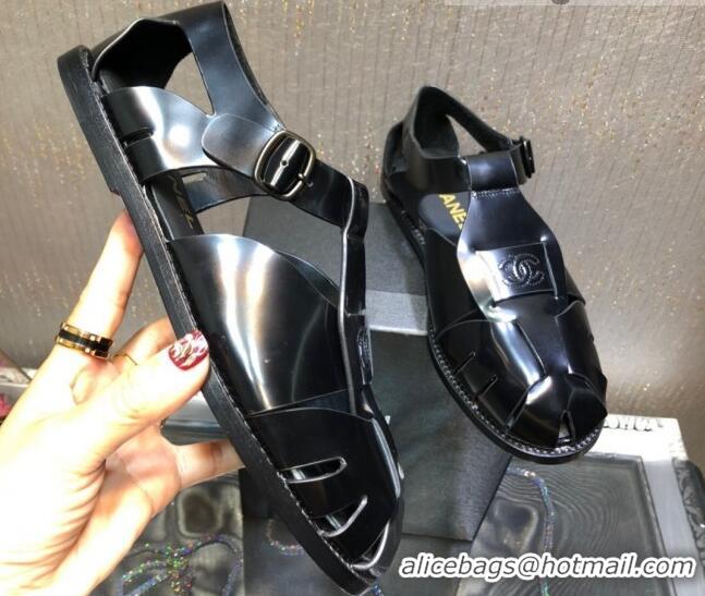 AAAAA Chanel Shiny Leather Roman Flat Sandals 030416 Black