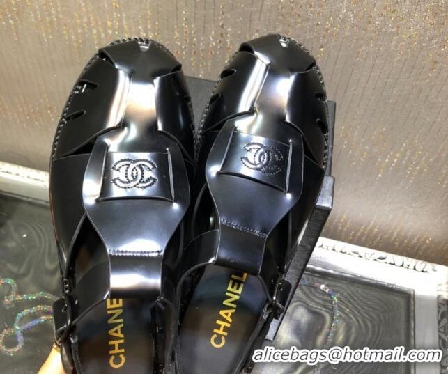 AAAAA Chanel Shiny Leather Roman Flat Sandals 030416 Black