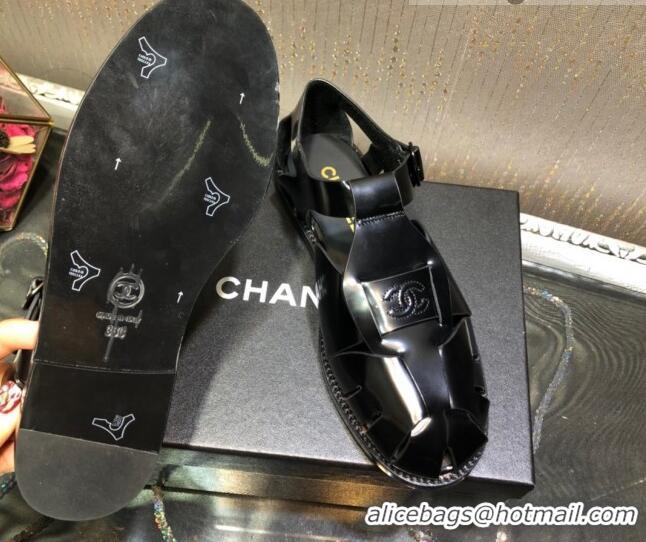 AAAAA Chanel Shiny Leather Roman Flat Sandals 030416 Black