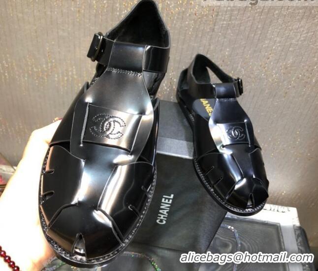 AAAAA Chanel Shiny Leather Roman Flat Sandals 030416 Black