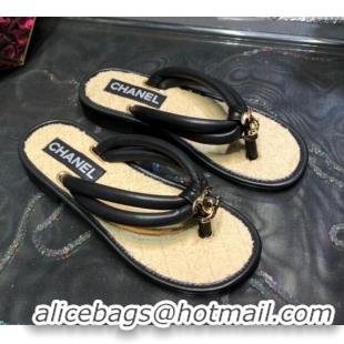 Fashion Chanel Leather Thong Flat Sandals 030418 Black