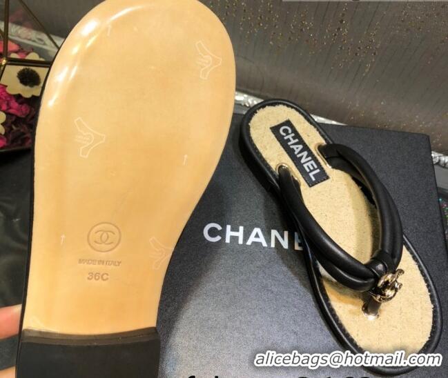 Fashion Chanel Leather Thong Flat Sandals 030418 Black