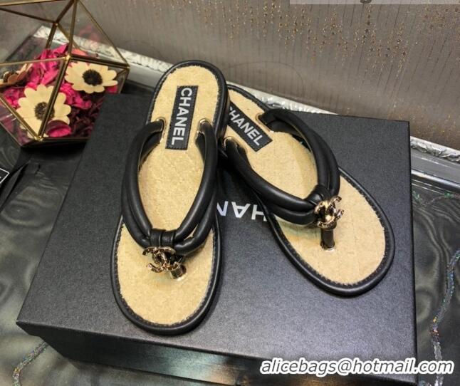 Fashion Chanel Leather Thong Flat Sandals 030418 Black