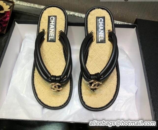 Fashion Chanel Leather Thong Flat Sandals 030418 Black