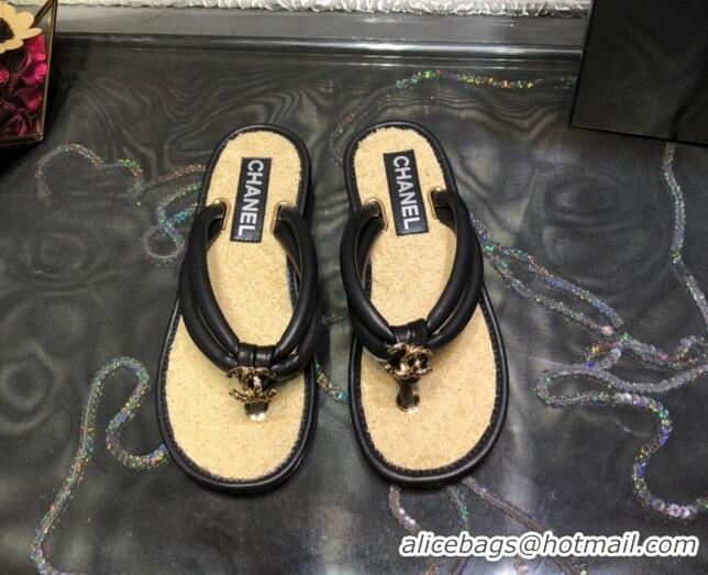 Fashion Chanel Leather Thong Flat Sandals 030418 Black