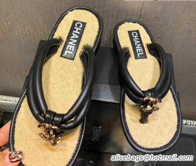 Fashion Chanel Leather Thong Flat Sandals 030418 Black