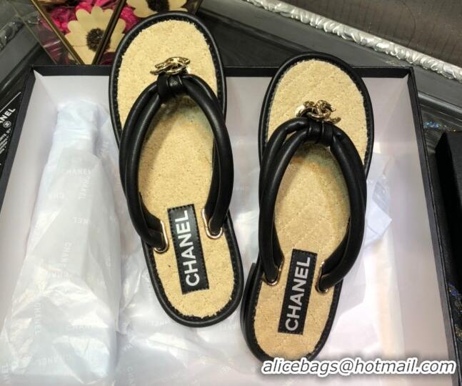 Fashion Chanel Leather Thong Flat Sandals 030418 Black